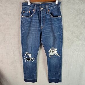 Levis 501 Original Cropped Jeans Womens 25 Blue Distressed Raw Hem 36200-0030
